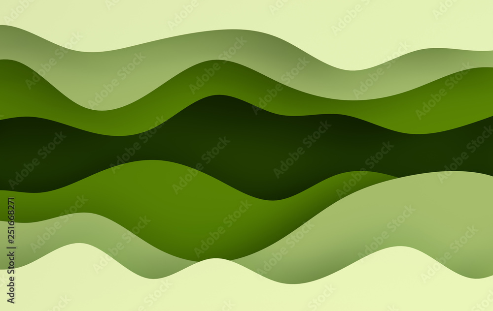 Green paper art cartoon abstract waves, holes. Paper carve background. Modern origami design template. 3d rendering illustration.