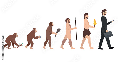 Human evolution. Development from monkey to modern man. Male businessman with a briefcase and smartphone. Isolated vector illustration