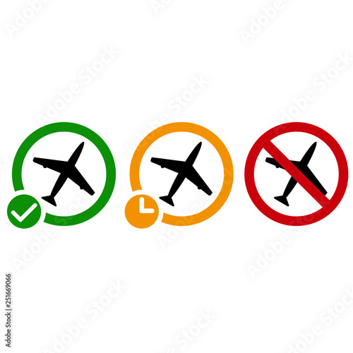 Airport information icons. Flight status on time, delayed and cancelled. Isolated airplane illustration set.