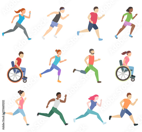 People run and ride in wheelchair. Disabled people moving forward. Man and woman with prosthetic legs. Isolated vector illustration
