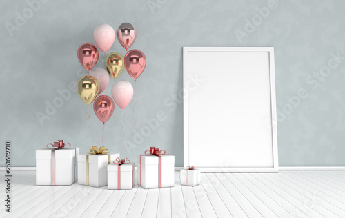 3d render interior with realistic gold and pink balloons, gift box with ribbon mock up poster in the room. Empty space for party, promotion social media banners, posters. © Meranna