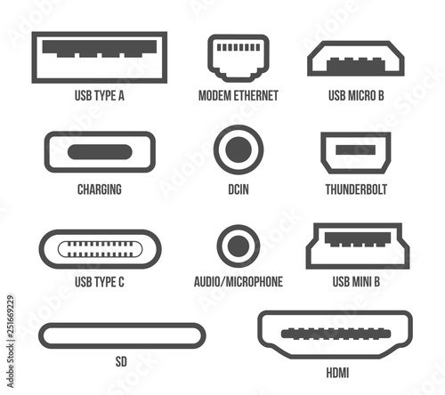 Creative vector illustration of usb computer universal connectors icon symbol isolated on transparent background. Mini, micro, lightning, type A, B, C plugs design. Abstract concept graphic element