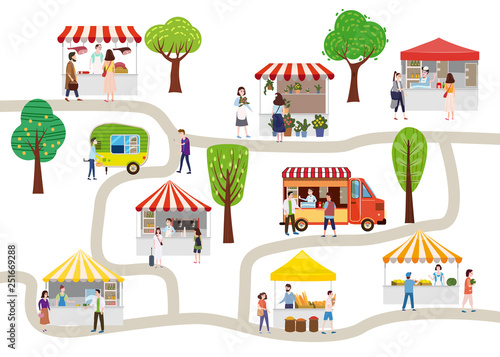 Outdoor street food festival with people walking between vans or caterers, canopy, buying meals, eating and drinking, taking selfie, talking to each other. Template, flyer, baner, invitation, card photo