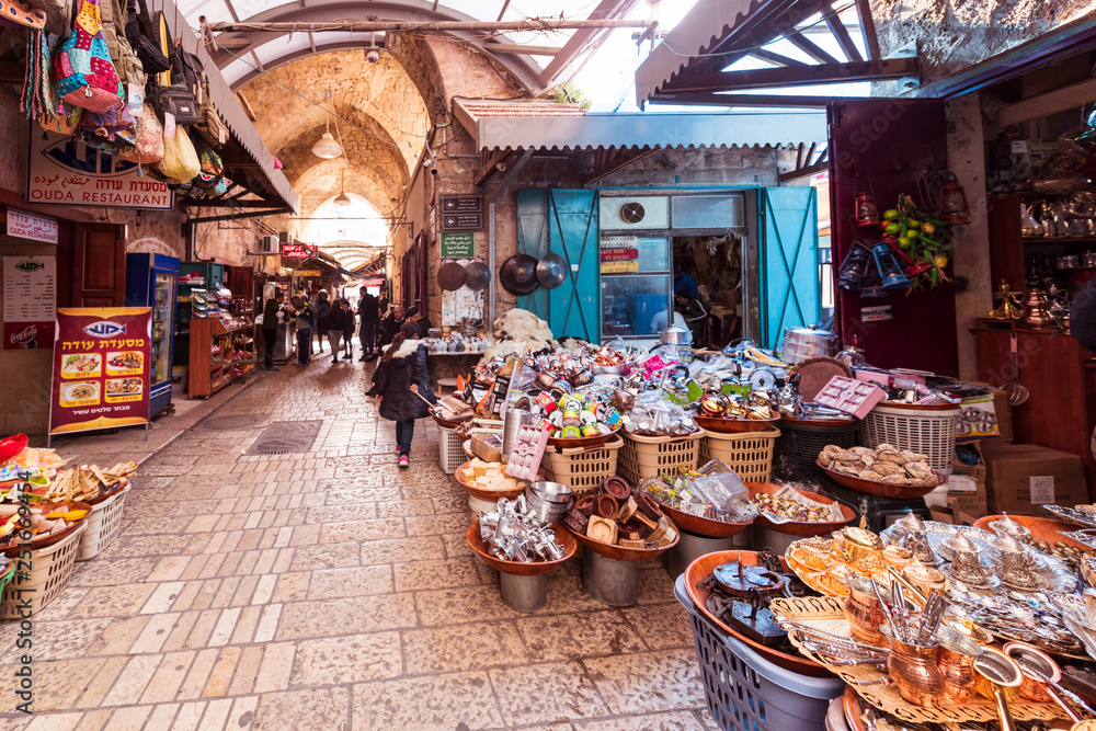 The Arabic suq in the historic old city of Akkon, Israel., Middle East - obrazy, fototapety, plakaty 