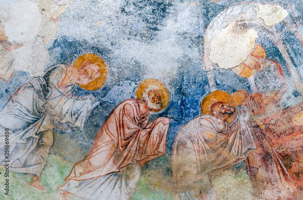 The fragment of colorful ancient fresco of the biblical scene on the dome of the church of St. Nicholas. Demre town, Turkey The fragment of colorful ancient fresco of the biblical scene on the dome of the church of St. Nicholas. Demre town, Turkey