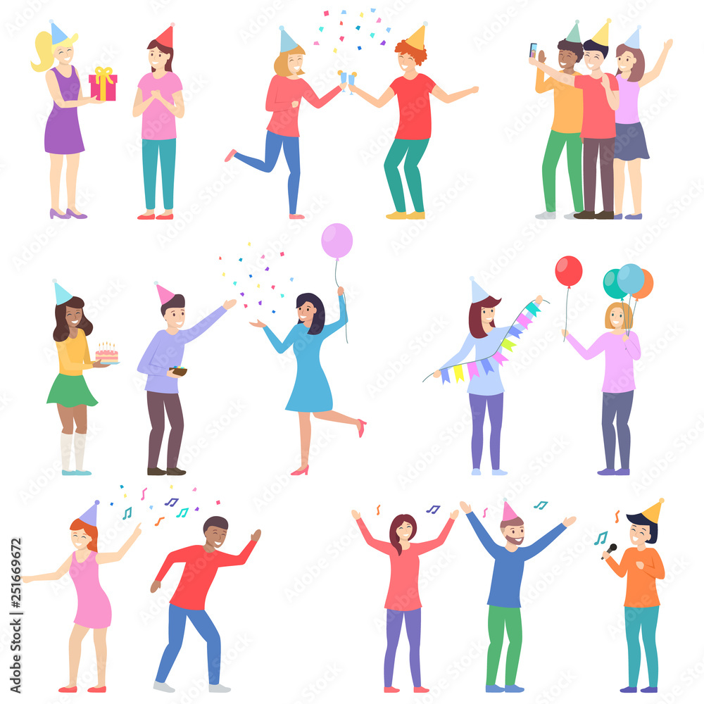 Happy people at the party set. Celebration event, birthday, New Year. Friends together present a gifts, treat with cake, dance and sing, take a joint selfie. Isolated vector illustration