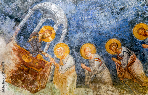 The fragment of colorful ancient fresco of the biblical scene on the dome of the church of St. Nicholas. Demre town, Turkey