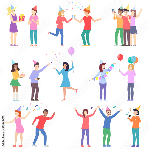 Happy people at the party set. Celebration event  birthday  New Year. Friends together present a gifts  treat with cake  dance and sing  take a joint selfie. Isolated vector illustration