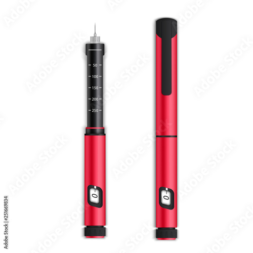 Creative vector illustration of insuline pens equipment and glucose level blood test for diabetics on background. Art design treatment diabetes disease template. Abstract concept graphic element