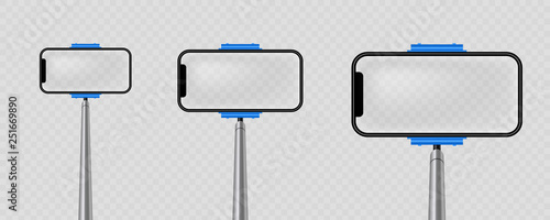 Creative vector illustration of monopod selfie stick with empty phone mobile screen isolated on transparent background. Art design mock up smartphone photo template. Abstract concept graphic element