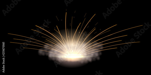 Creative vector illustration flash of electric welding metal fire with sparks isolated on transparent background. Art design during iron cutting template. Abstract concept graphic weld element