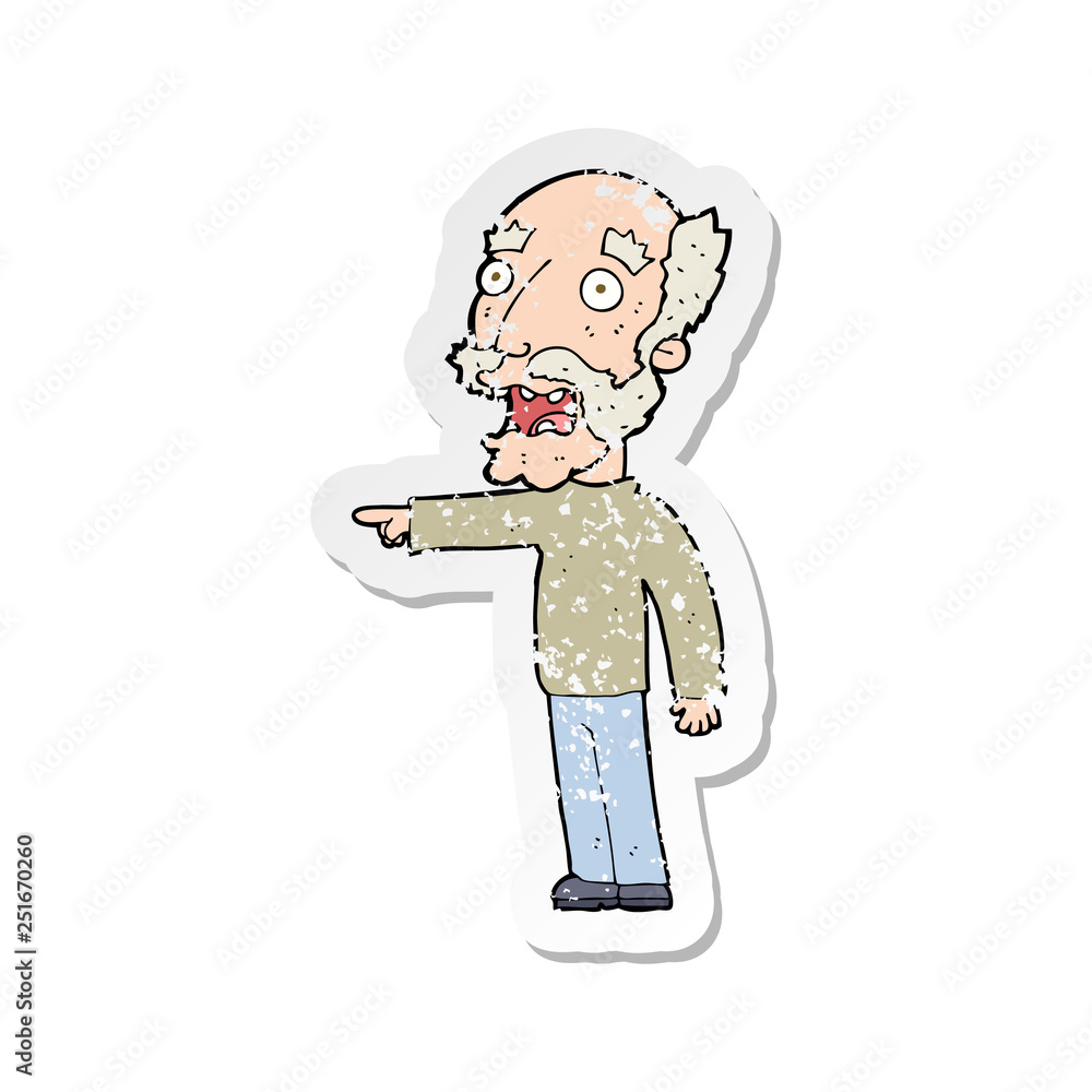 retro distressed sticker of a cartoon scared old man pointing retro distressed sticker of a cartoon scared old man pointing