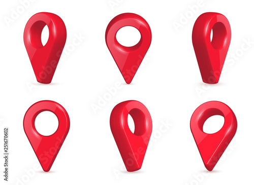 Creative vector illustration of locator, pin realistic 3d map pointers in various angle isolated on transparent background. Art design location symbols template. Abstract concept navigation element