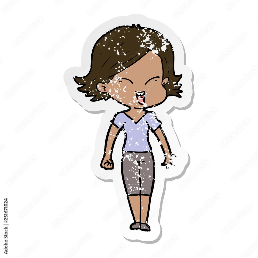 distressed sticker of a happy cartoon girl distressed sticker of a happy cartoon girl
