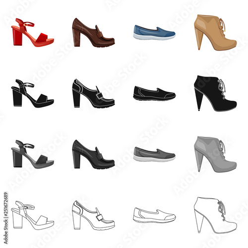 Vector illustration of footwear and woman sign. Set of footwear and foot vector icon for stock.