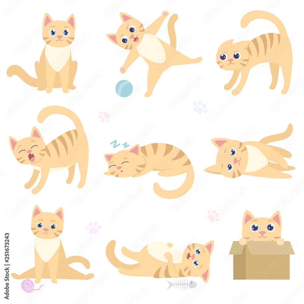 Cute funny cat in different situations. Playful domestic cat is sitting,  playing with a ball, scares, sleeps, lies, sad, overeat, hiding in a box.  Collection of isolated illustrations Stock Vector | Adobe