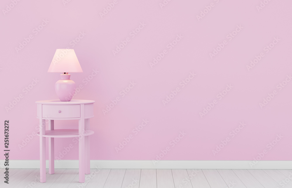 Stylish lamp on table against color wall, space for text. Design with living coral color Stylish lamp on table against color wall, space for text. Design with living coral color
