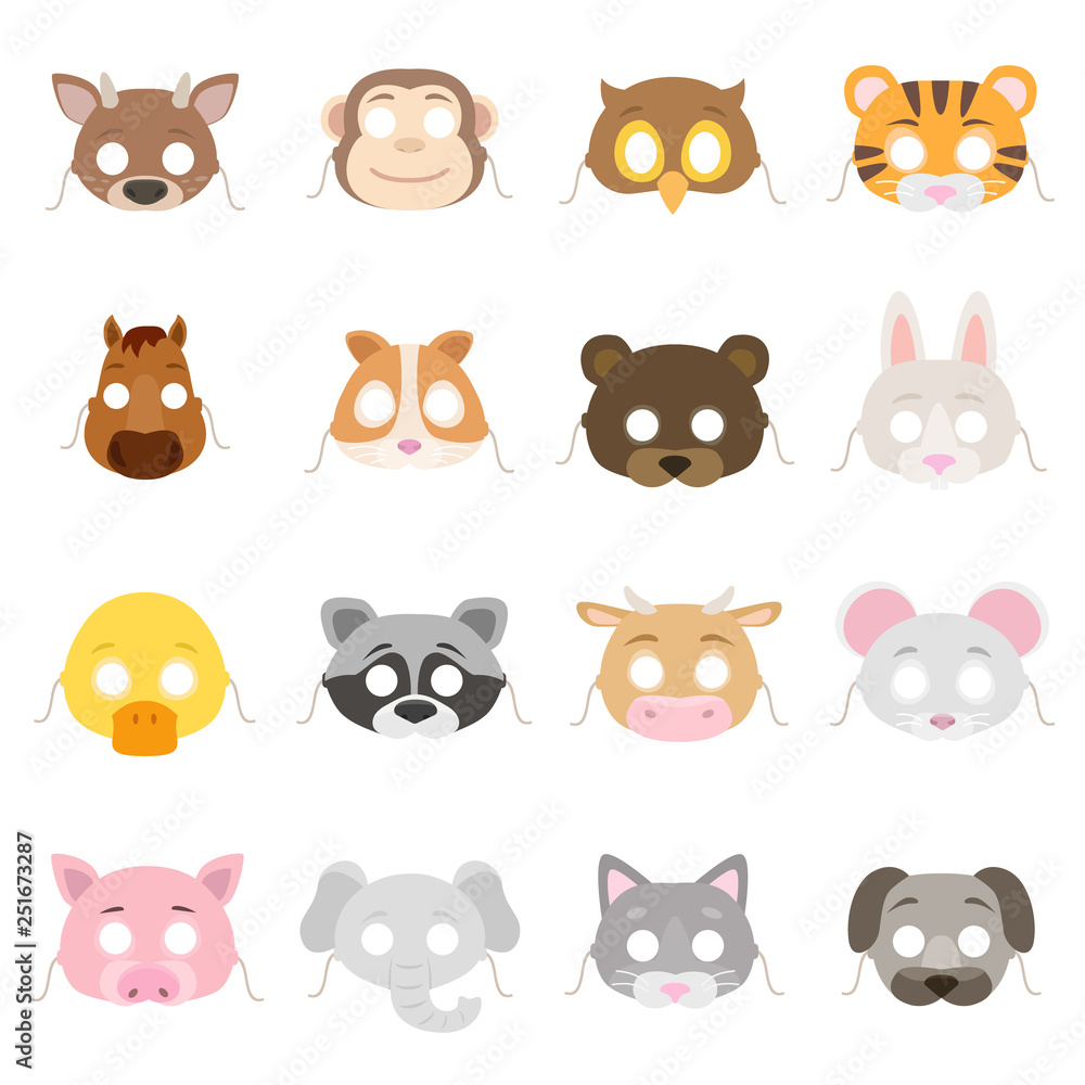 Animal masks set. Collection of mask props such as: deer, monkey, rabbit, tiger, pig, raccoon, elephant, dog,.bear, etc. Isolated vector illustration Animal masks set. Collection of mask props such as: deer, monkey, rabbit, tiger, pig, raccoon, elephant, dog,.bear, etc. Isolated vector illustration