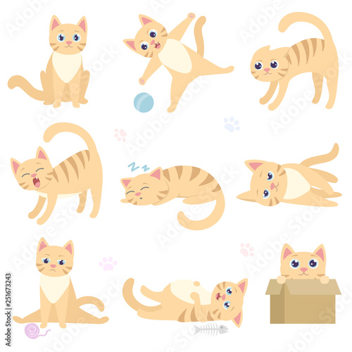 Cute funny cat in different situations. Playful domestic cat is sitting, playing with a ball, scares, sleeps, lies, sad, overeat, hiding in a box. Collection of isolated illustrations