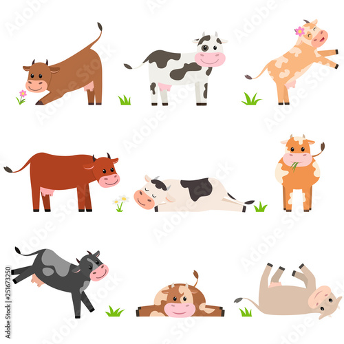 Fototapeta Naklejka Na Ścianę i Meble -  Funny cows of different colors. Cattle. Cow in various poses, stands, lies, frolics. Collection of isolated illustrations