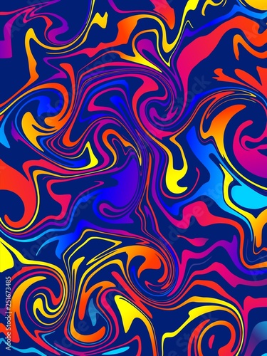 Colorful fluid concept backdrop, oil spill on dark blue. Gradient liquid abstract background. Hand drawn vertical cover templates. Beautiful illustration for print, Holi, Festival of Colors, poster.