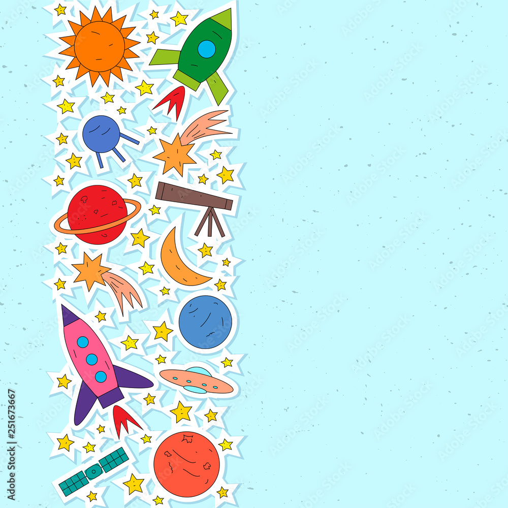 Set of space objects rocket, planet, star, comet, ufo, satellite. Vector illustration for poster, textile, wallpaper, card. 