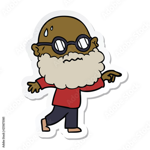 sticker of a cartoon worried man with beard and spectacles pointing finger