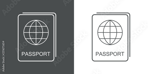 Icono plano lineal pasaporte en gris y blanco