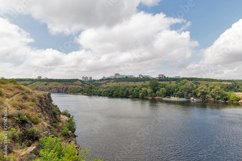 Khortytsia island, Zaporizhia cityscape and River Dnieper, Ukraine.