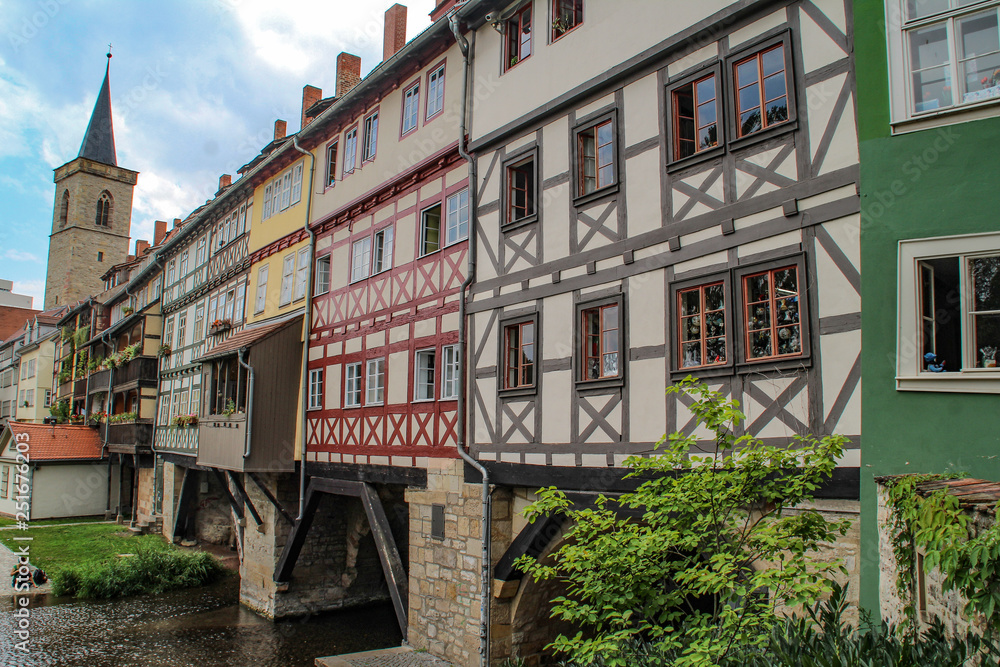Fototapeta premium Erfurt, Thuringia, Germany- April 20, 2018: Beautiful town city of Erfurt with old german houses