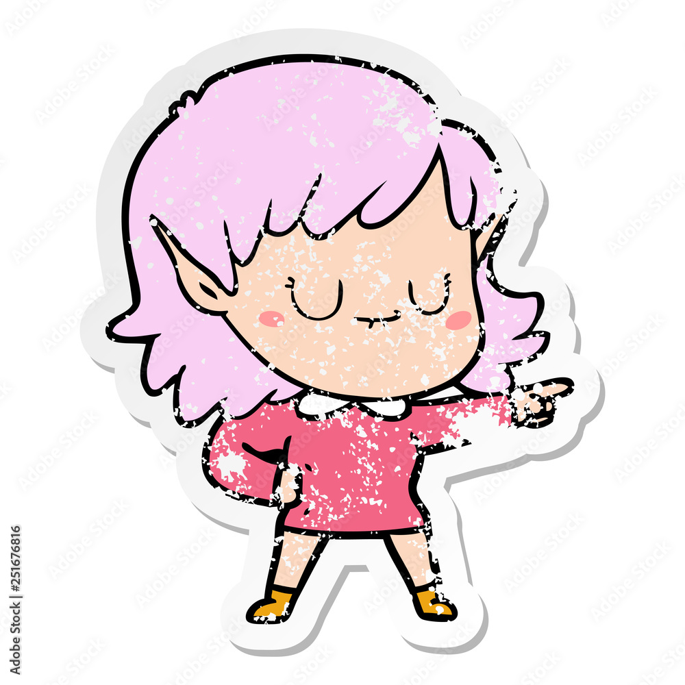 distressed sticker of a happy cartoon elf girl distressed sticker of a happy cartoon elf girl