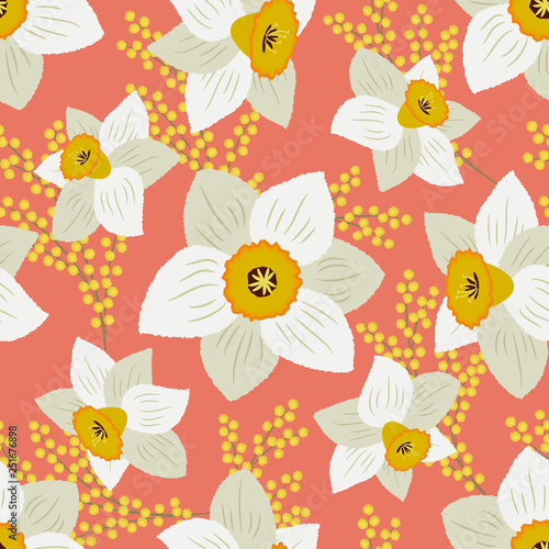 Seamless pattern with white daffodils and yellow mimosa on a peach pink background. Floral background. Vector illustration.