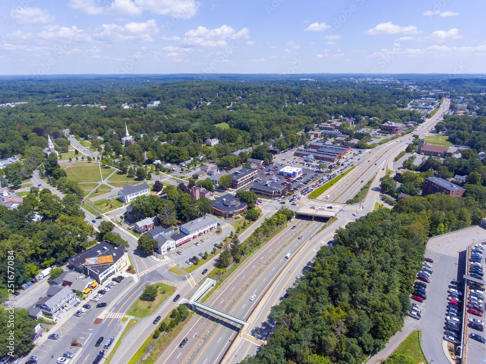 Aerial view of Framingham Centre Common Historic District and Massachusetts Route 9 in Framingham, Massachusetts, USA.