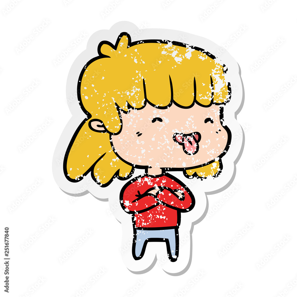 Fototapeta premium distressed sticker of a cartoon girl sticking out tongue