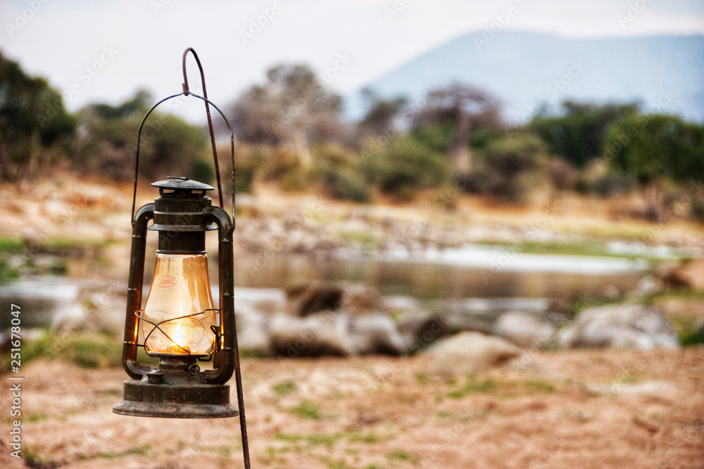 picture of a lantern used  in a safari camp in Tanzania, Africa.