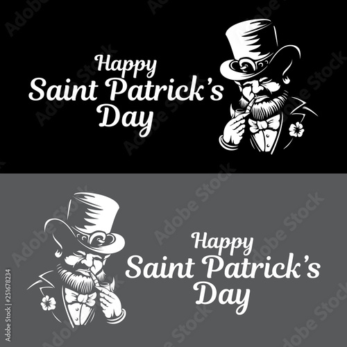 Leprechaun engraved vector logo or label illustration for Saint Patrick's Day etching linocut style Dwarf traditional Irish folklore Celtic mythology with hat shamrock and pipe on black background