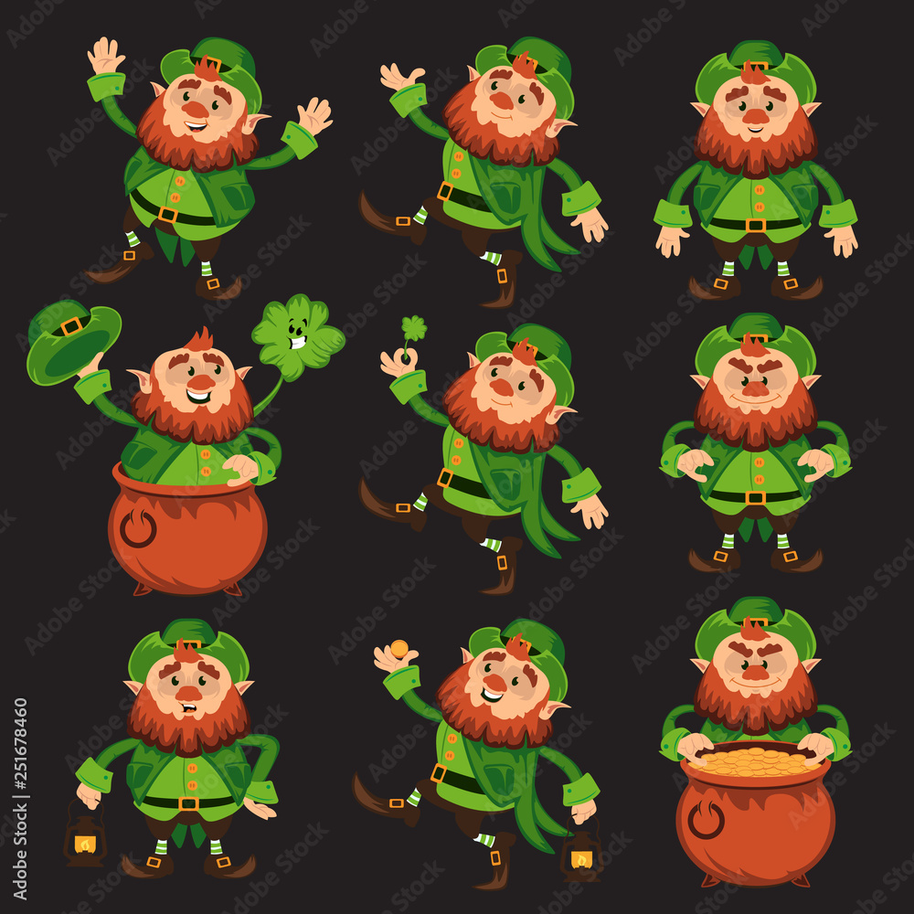 Leprechaun cartoon character vector set for Saint Patrick Day in different  poses Funny dwarf emoji variations traditional Irish folklore Celtic  mythology with hat shamrock and pot on black background Stock Vector |