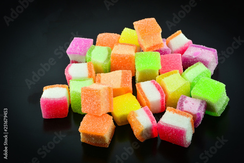 Colorful Jelly fruit snack / Close up candy jelly sweet dessert with sugar
