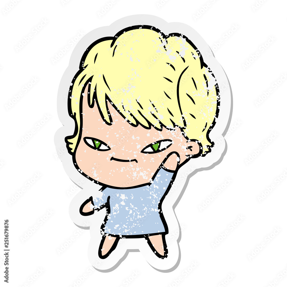 distressed sticker of a cartoon happy woman distressed sticker of a cartoon happy woman