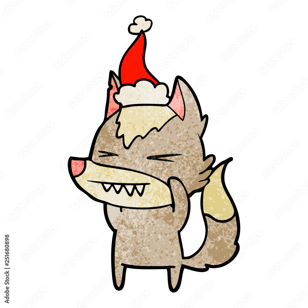 angry wolf textured cartoon of a wearing santa hat