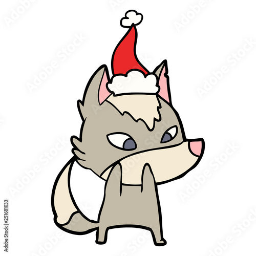 shy line drawing of a wolf wearing santa hat