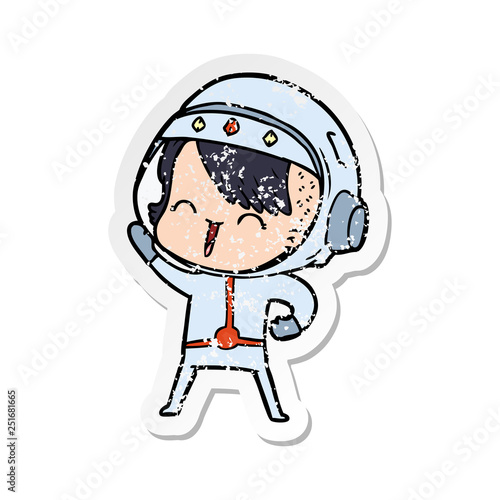 distressed sticker of a happy cartoon space girl