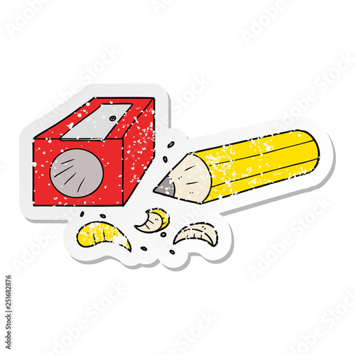 distressed sticker of a cartoon pencil and sharpener