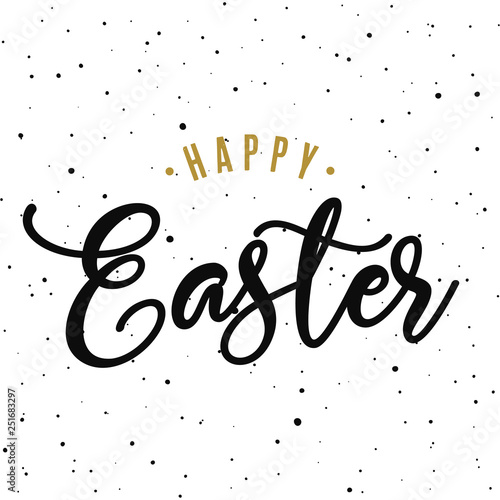 Happy easter hand drawn calligraphy design. Greeting card with golden text. Handwritten sketch lettering. Grunge background. Vector illustration.