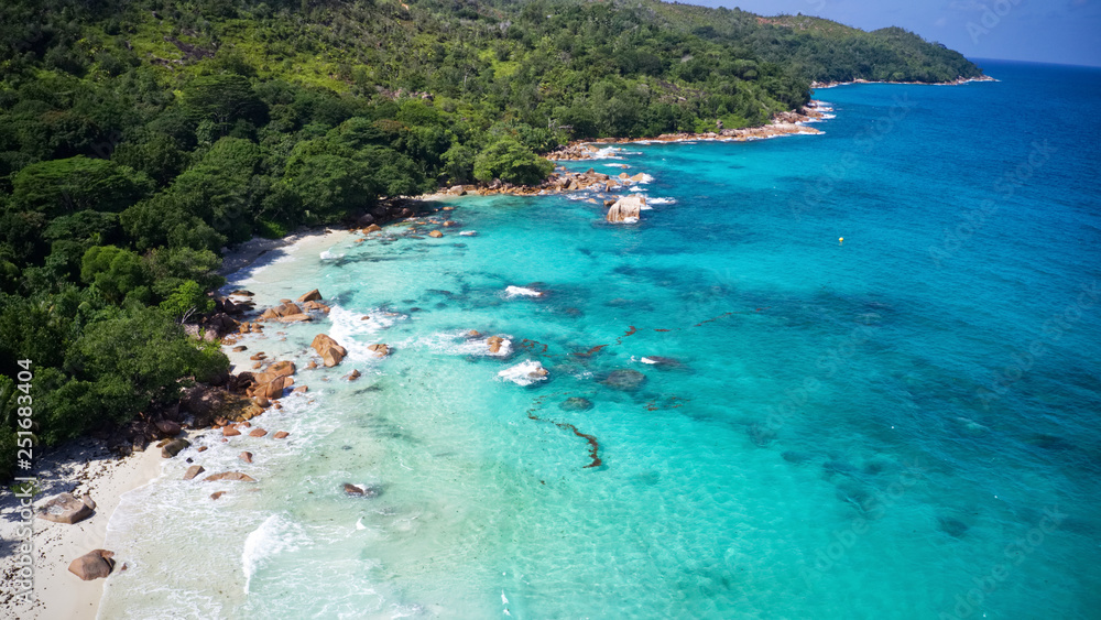 Aerial of Anse Lazio, one of the most beautiful beaches in the world, Praslin Island, Seychelles