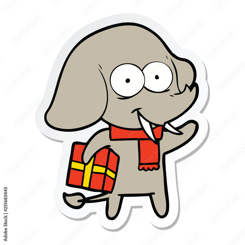 sticker of a happy cartoon elephant with present