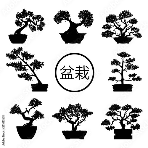 vector set of black and white bonsai trees