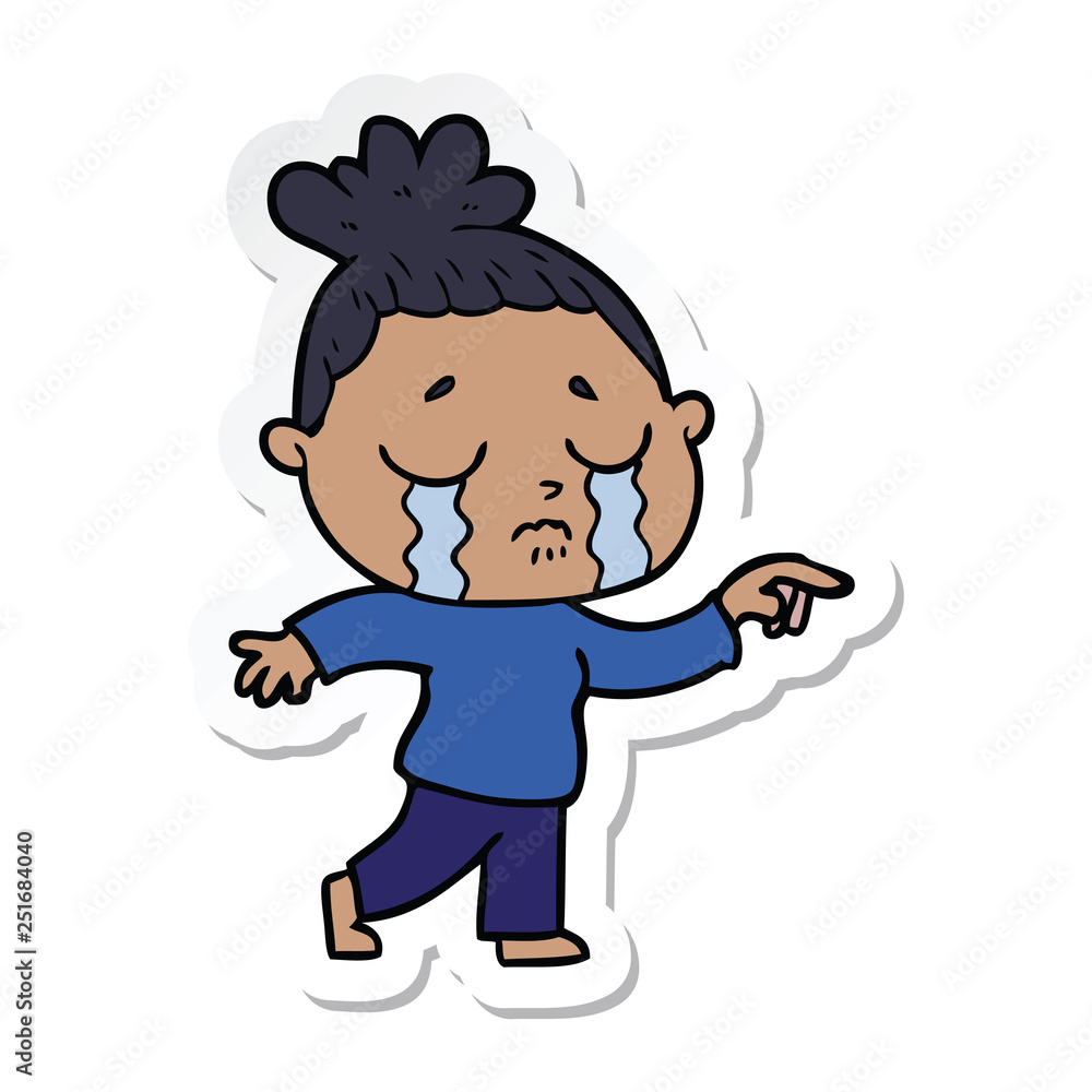 sticker of a cartoon crying woman pointing sticker of a cartoon crying woman pointing