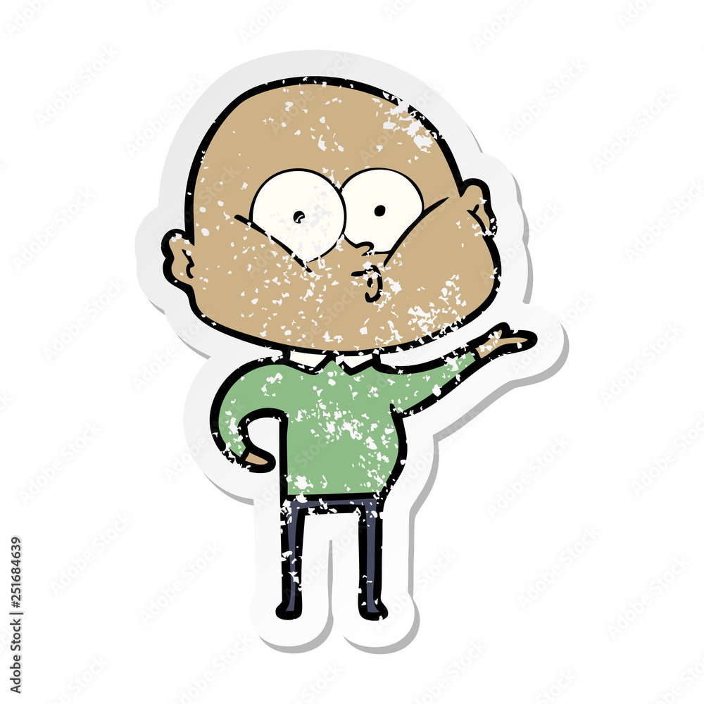 distressed sticker of a cartoon bald man staring distressed sticker of a cartoon bald man staring