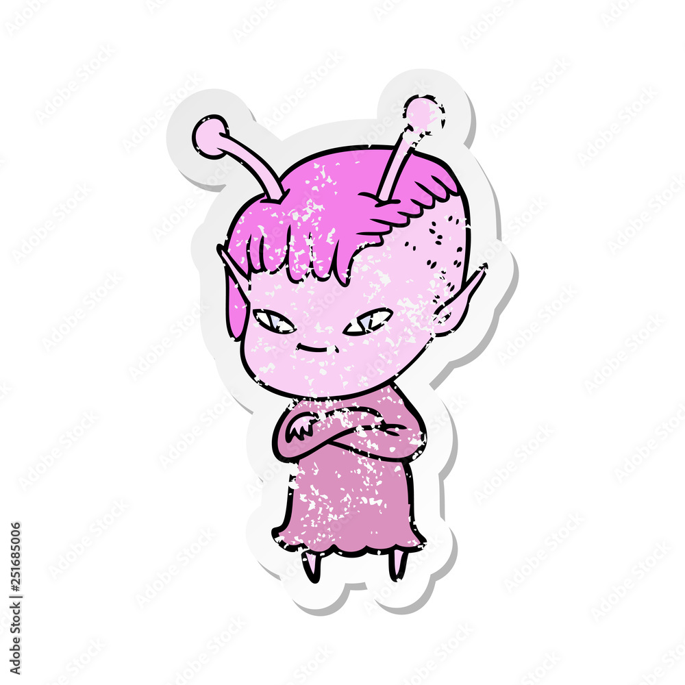 distressed sticker of a cute cartoon alien girl distressed sticker of a cute cartoon alien girl